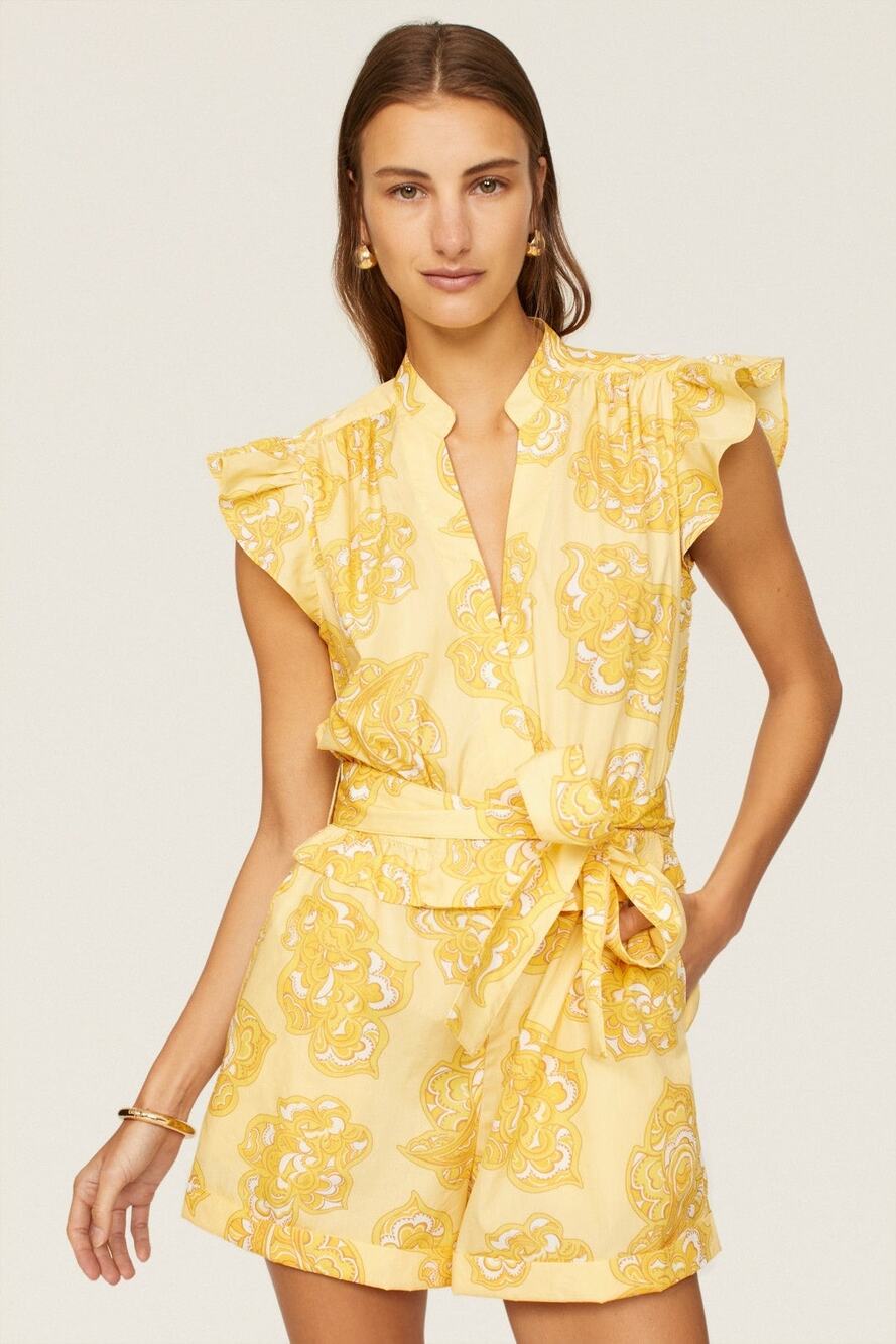 Derek Lam Sz 6 Yellow Floral Print Ruffled V-Neck Cotton Poplin Summer Romper